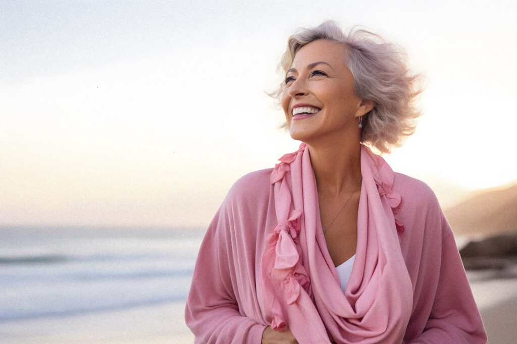 Une femme âgée souriante sur la plage et portant du rose en tant que symbole pour le mois de la sensibilisation au cancer du sein.