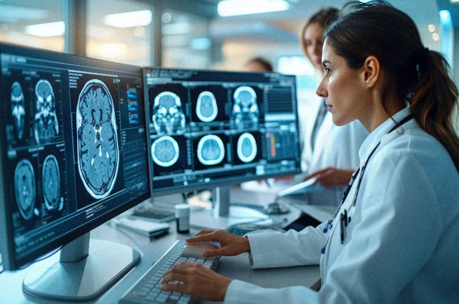 Femme médecin regardant des scintigraphies cérébrales sur un moniteur