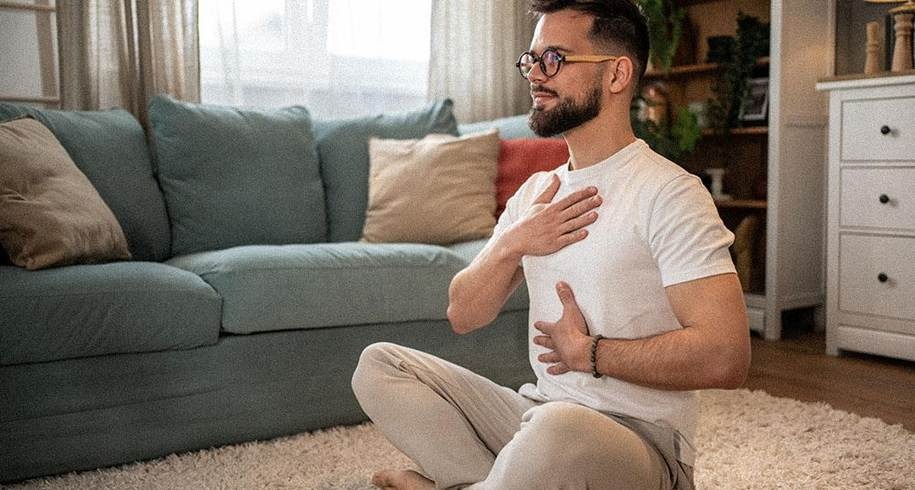 Un homme gère son stress par la respiration profonde et la méditation, dans son salon.