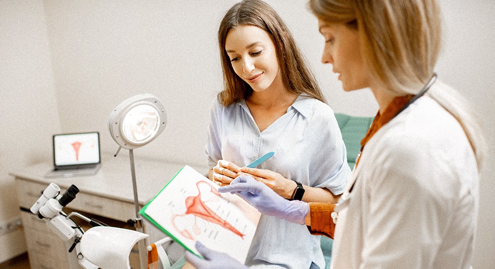 A gynecologist showing a diagram of a uterus to a female patient, explaining the features of women's health during a medical consultation in the office.