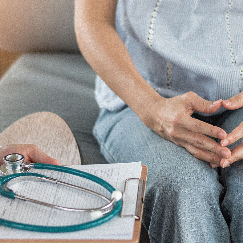 Doctor or psychiatrist consulting and diagnostic examining stressful woman patient on obstetric - gynecological female illness, or mental health in medical clinic or hospital healthcare service center